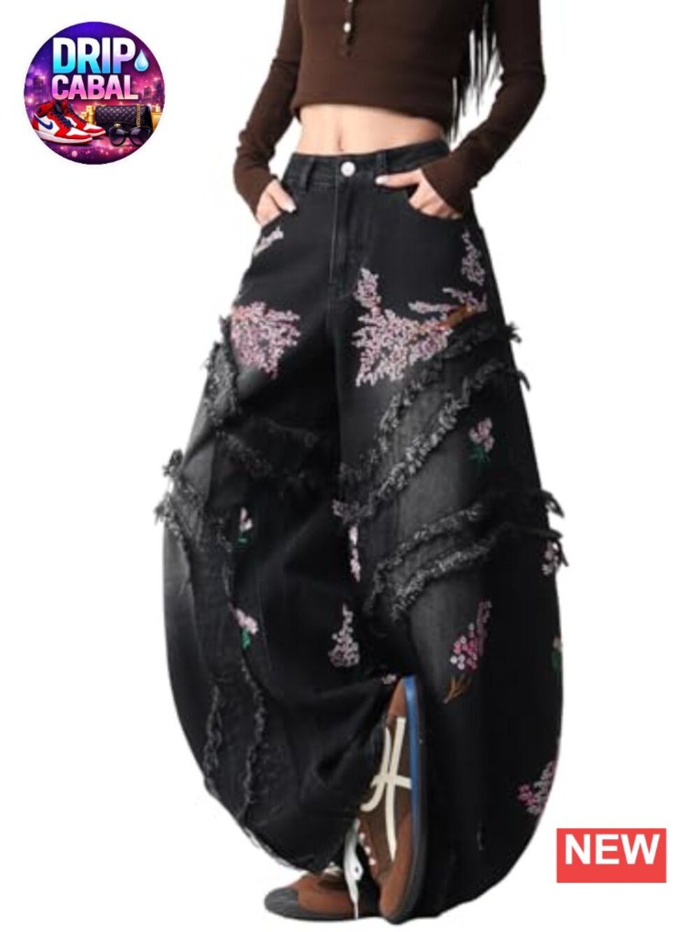 Baggy Barrel Wide Leg Jeans with Floral Embroidery Distressed Stretch Denim